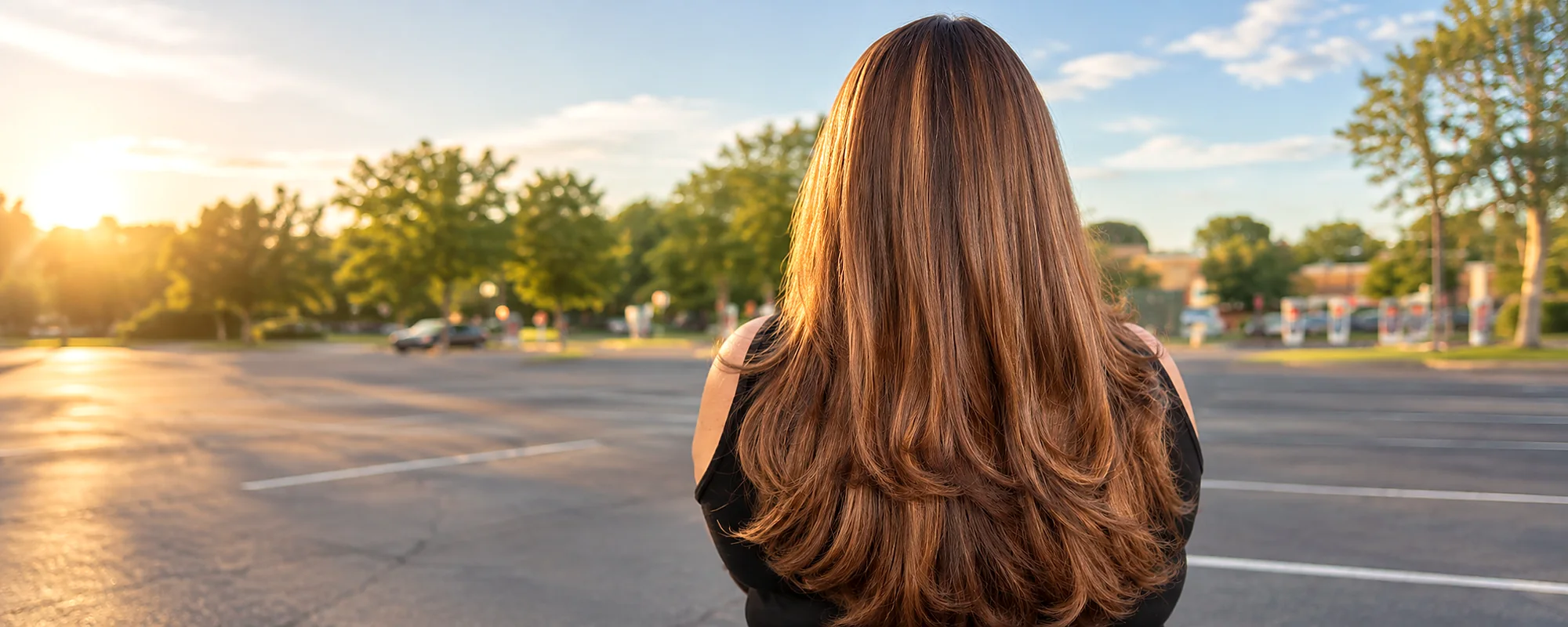 Long caramel balayage hair at golden hour