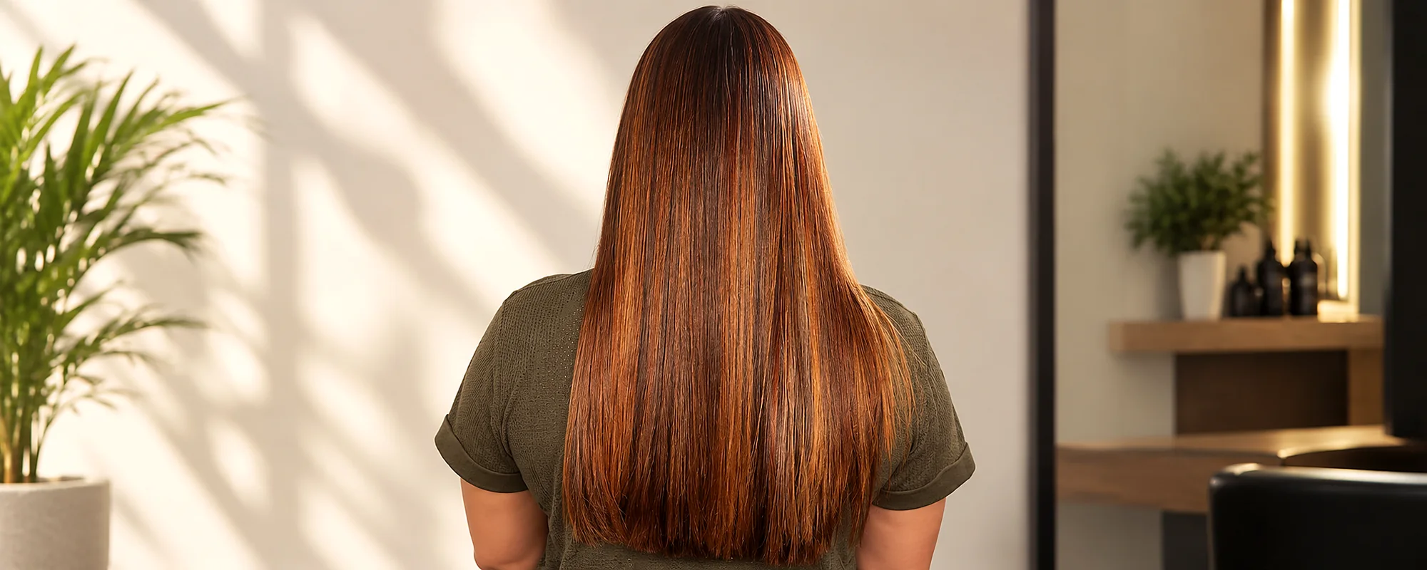 Long sleek auburn hair with copper highlights