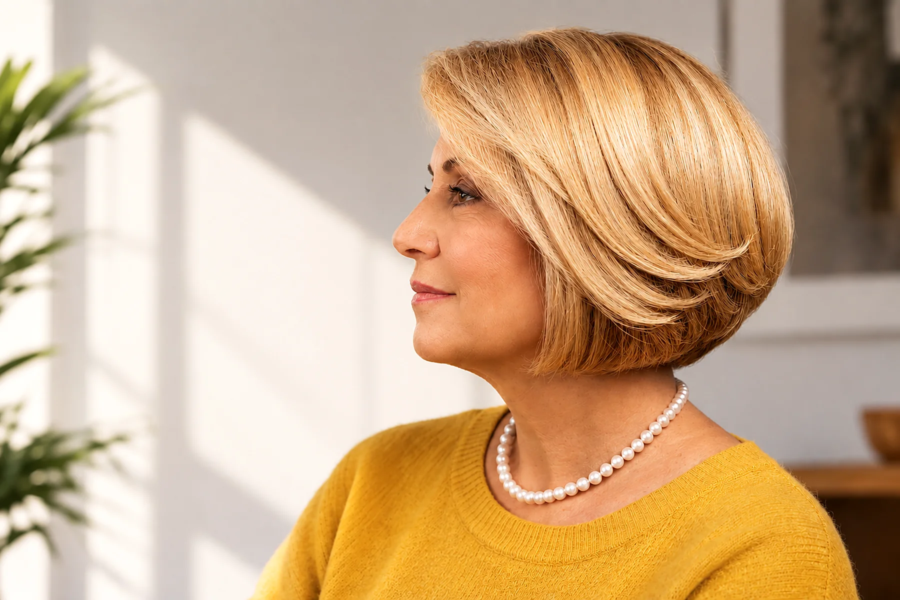 Blonde layered bob with soft movement, styled by CC Hair Studio