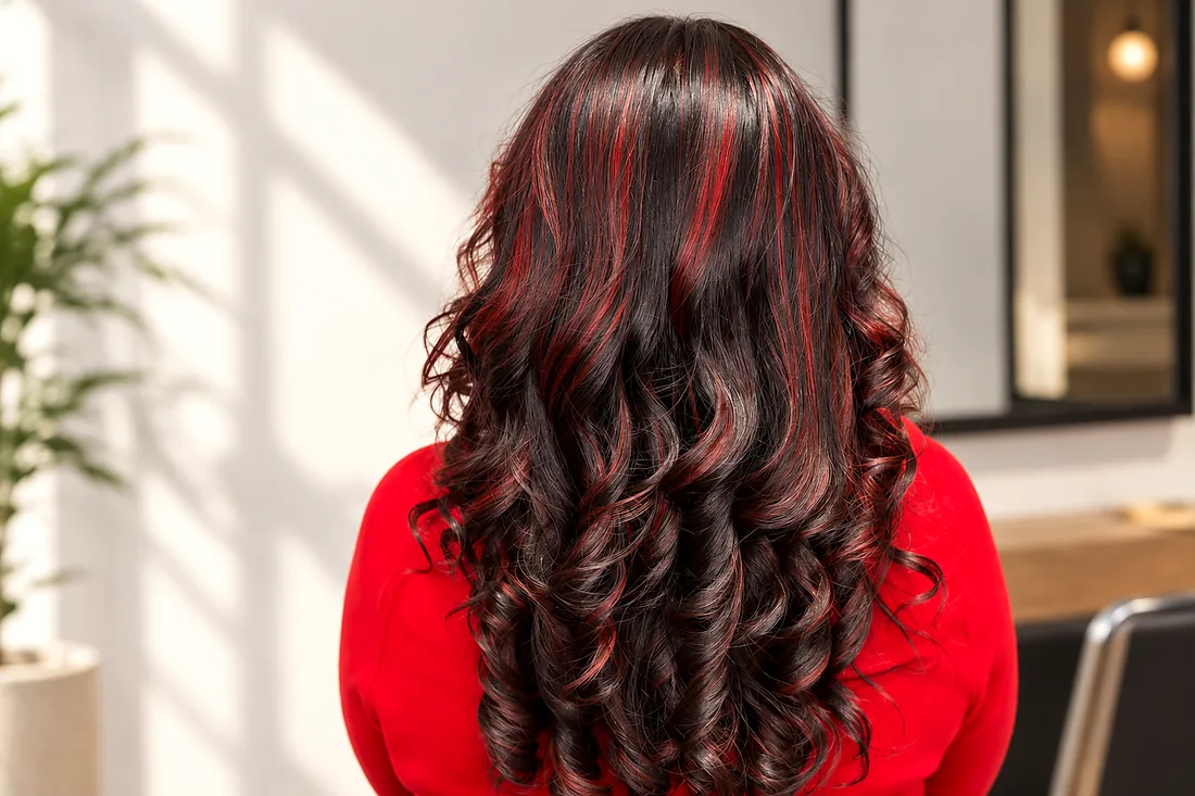Vivid red highlights on dark curls